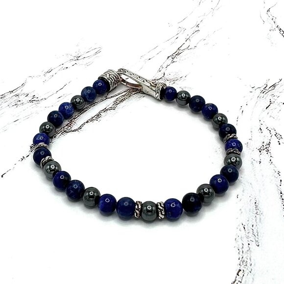 John Hardy Blue Lapis & Hematite Gemstone Bead Sterling Silver Bracelet 8-1/4" - Picture 1 of 6